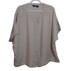 Tahari Neutral Natural Linen Women's Beige Button-Up Short Sleeve Top Size M